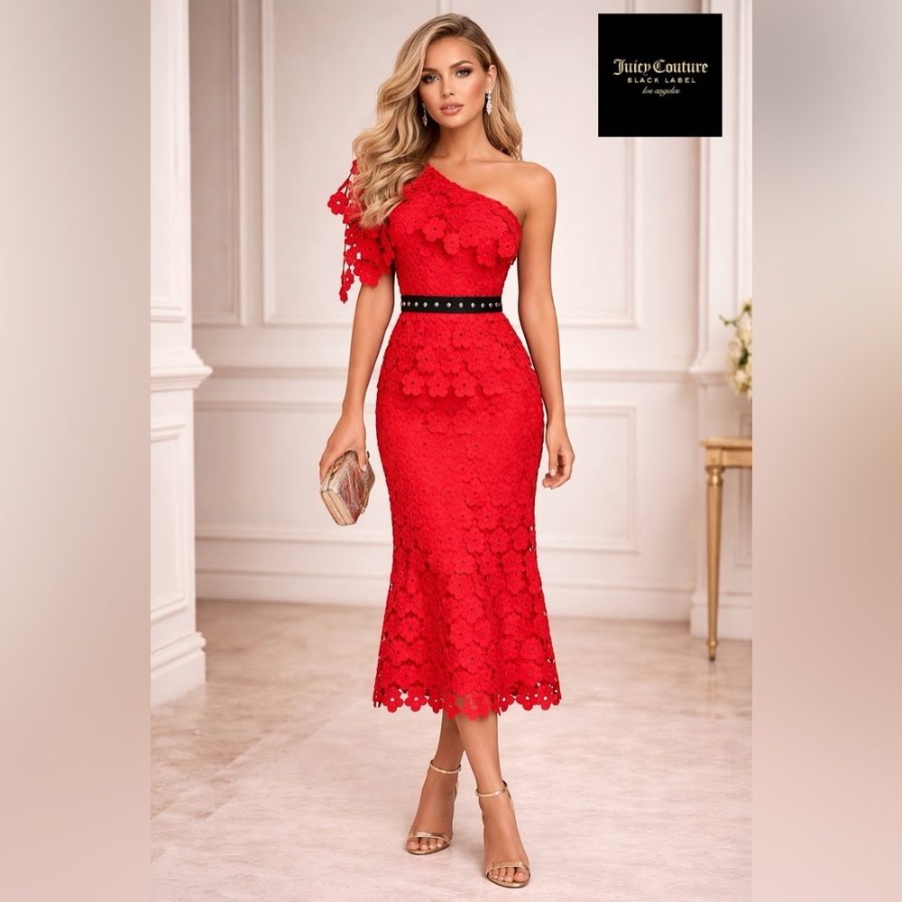 🛍️SALE🛍️ Juicy Couture Black Label Floral Guipure One Shoulder Midi Dress (NWOT)